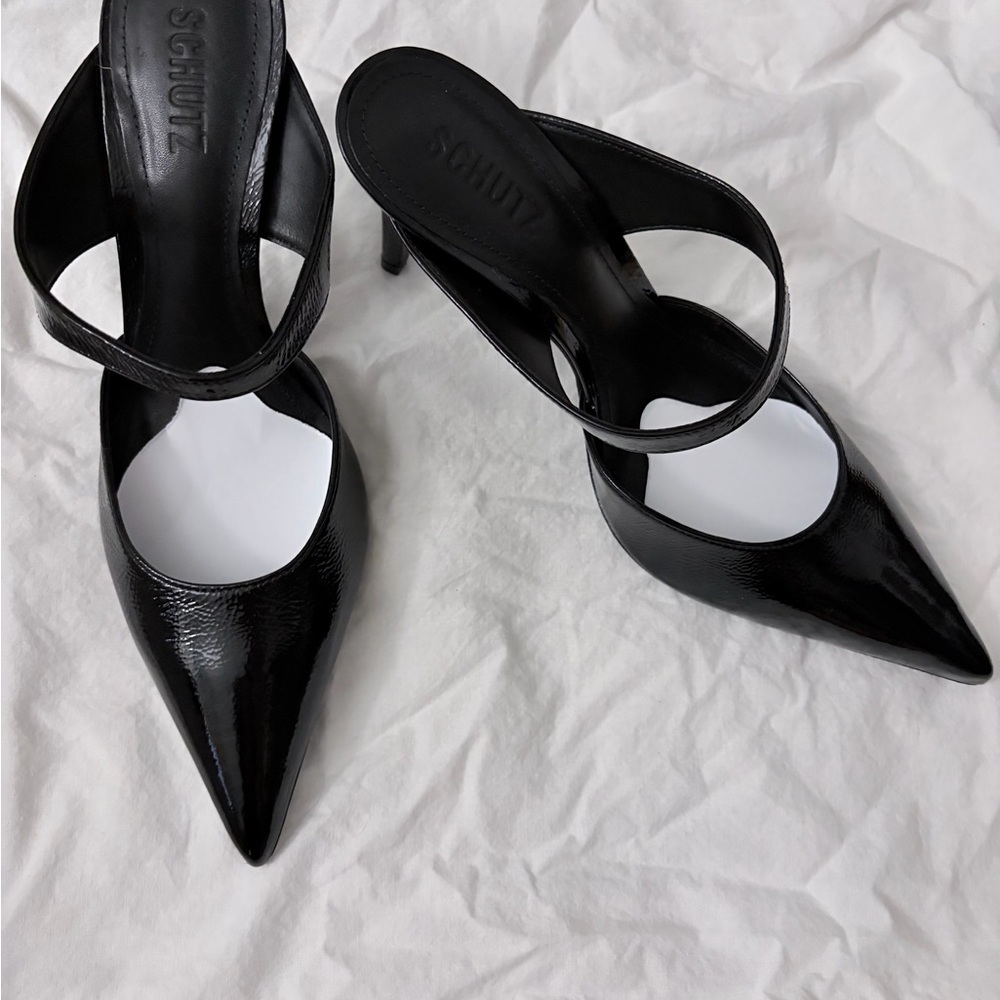 SCHUTZ Black Patent Pointed Toe Slingback Heels